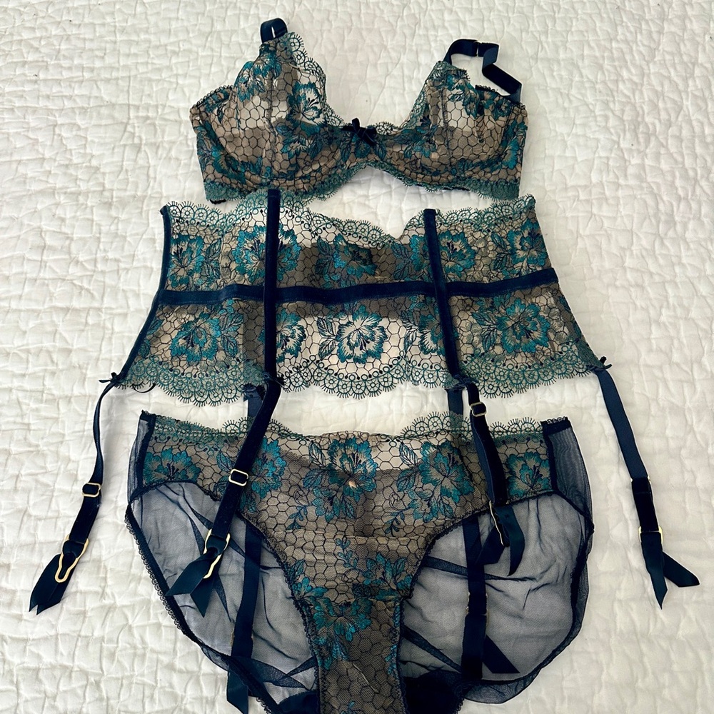 Dita Von Teese Evelina Lace Lingerie Set in Teal and Black
